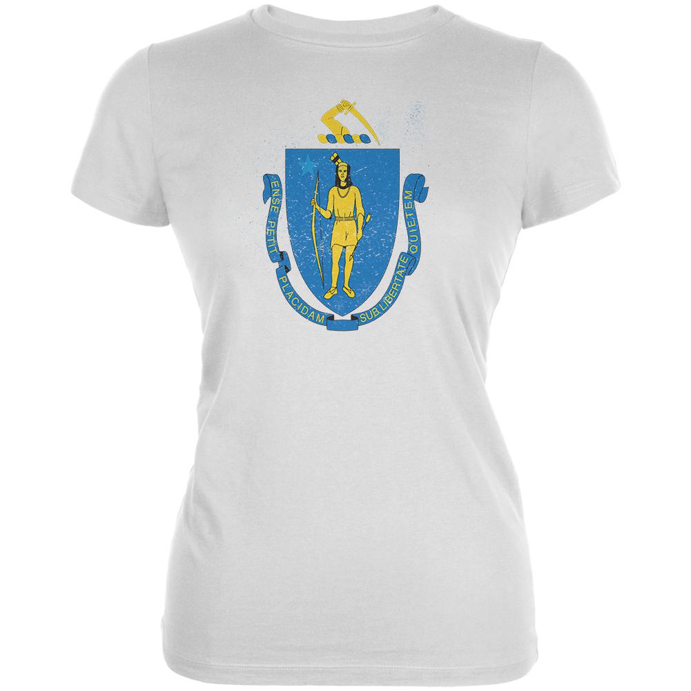 Born and Raised Massachusetts State Flag Juniors Soft T Shirt Juniors T-Shirts Old Glory 2XL White