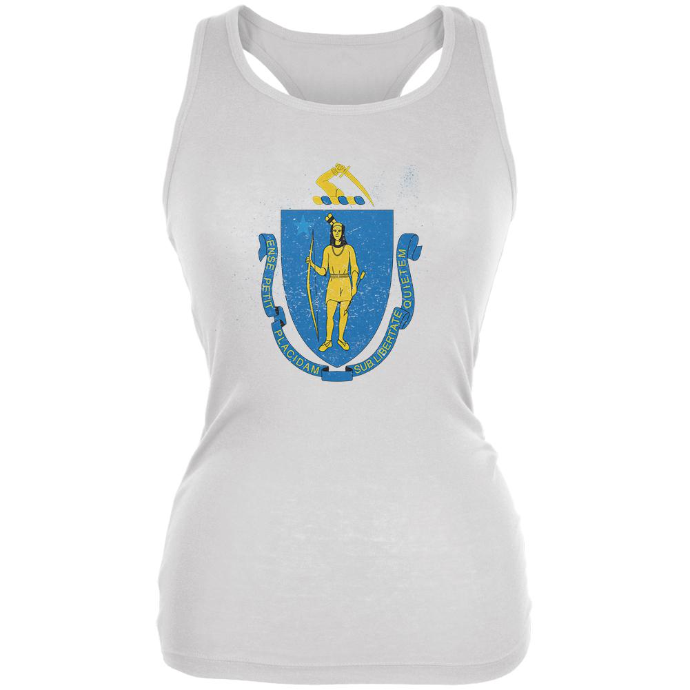 Born and Raised Massachusetts State Flag Juniors Soft Tank Top Juniors Tank Tops Old Glory 2XL White