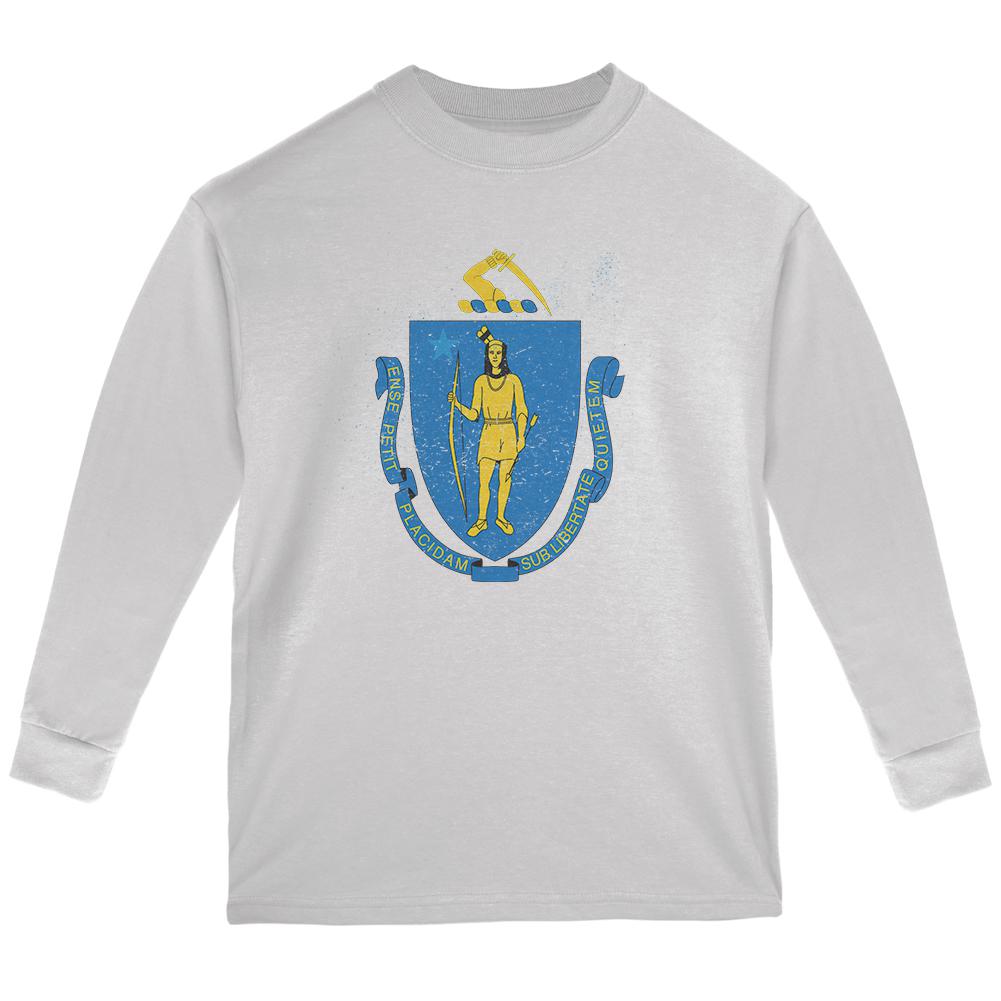 Born and Raised Massachusetts State Flag Youth Long Sleeve T Shirt Youth Long Sleeves Old Glory LG White