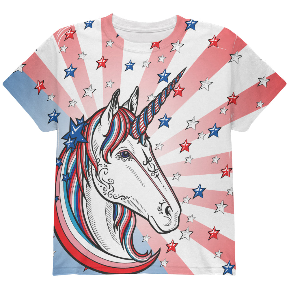 4th of July Freedom is Magical Unicorn All Over Youth T Shirt Youth T-Shirts 4th of July YLG Multicolor