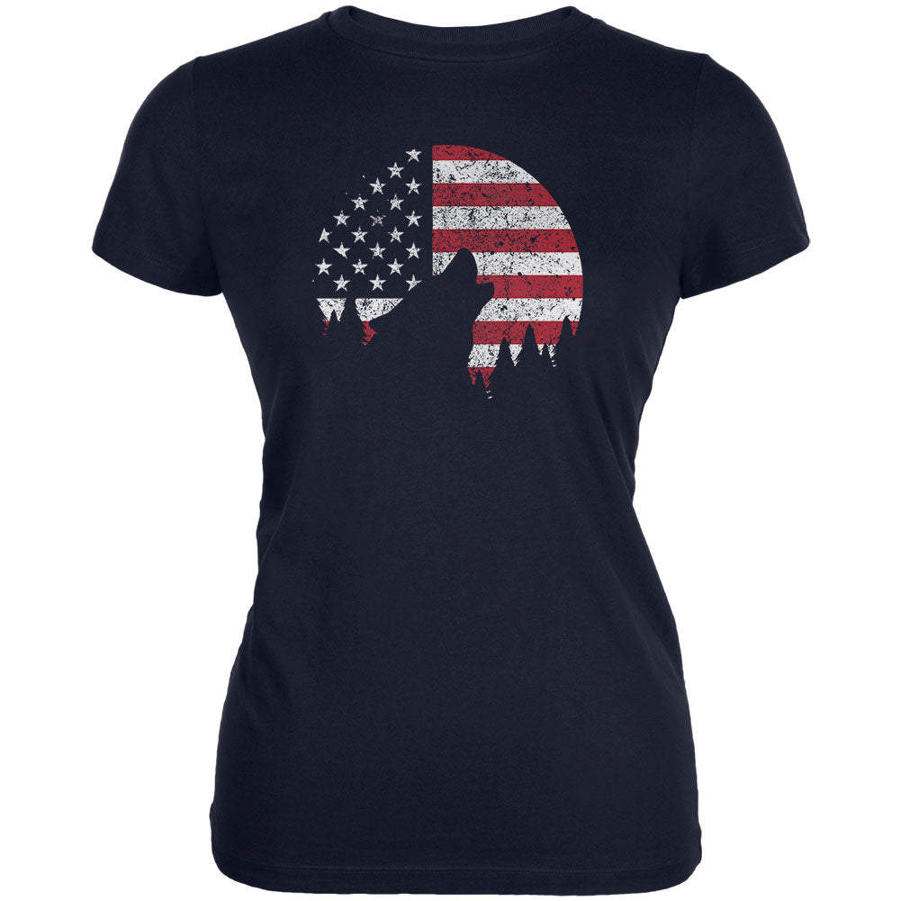 4th Of July Wolf Silhouette Flag Moon Juniors Soft T Shirt Juniors T-Shirts 4th of July 2XL Navy