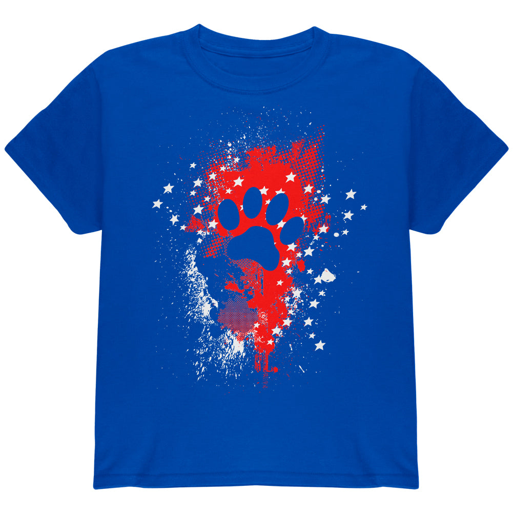 4th of July Puppy Dog Paw Print Stars and Splatters Youth T Shirt Youth T-Shirts 4th of July YLG Royal