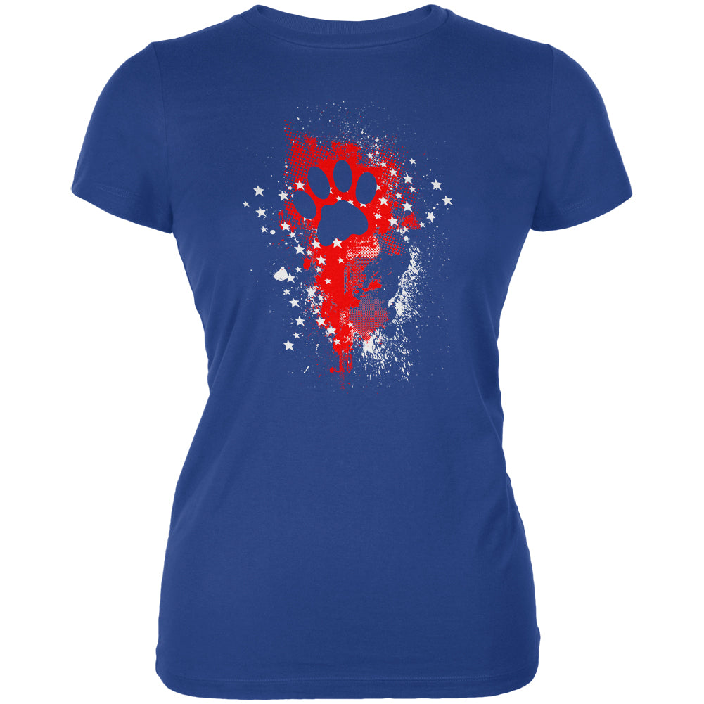 4th of July Kitty Cat Paw Print Stars and Splatters Juniors Soft T Shirt Juniors T-Shirts 4th of July 2XL Royal