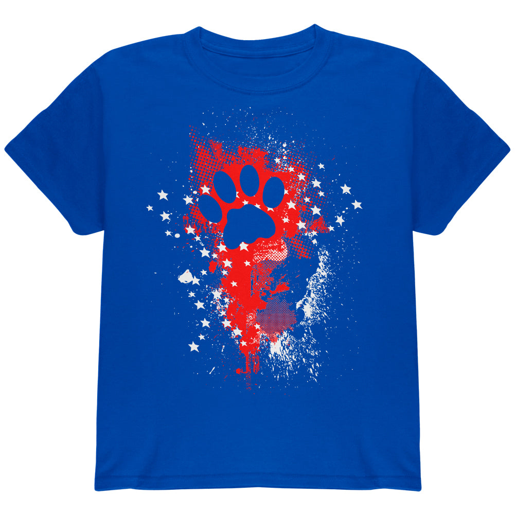 4th of July Kitty Cat Paw Print Stars and Splatters Youth T Shirt Youth T-Shirts 4th of July YLG Royal