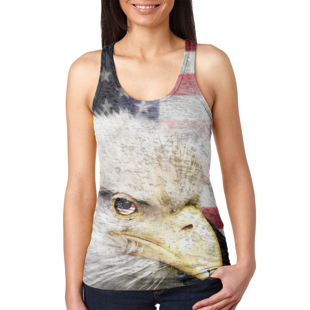 4th of July American Bald Eagle Eye Flag Juniors Burnout Racerback Tank Top Juniors Tank Tops 4th of July 2XL Multicolor