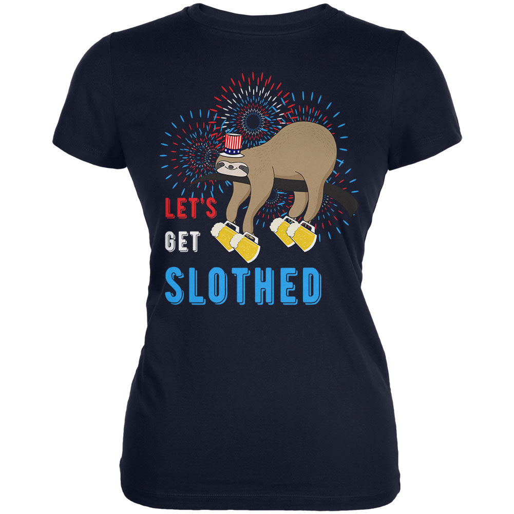 4th of July Beer Drinking Sloth Let's Get Slothed Juniors Soft T Shirt Juniors T-Shirts 4th of July 2XL Navy