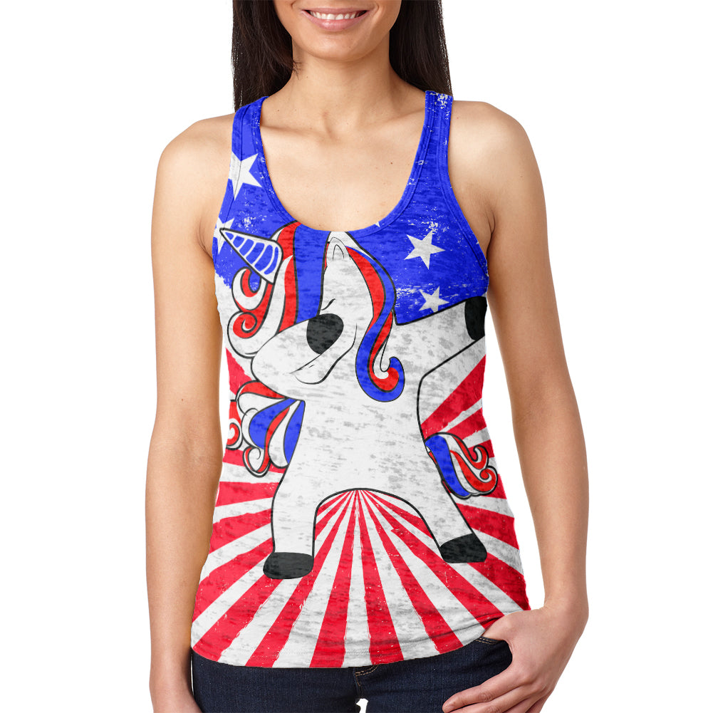 4th of July Dabbing Unicorn Americorn Juniors Burnout Racerback Tank Top Juniors Tank Tops 4th of July 2XL Multicolor