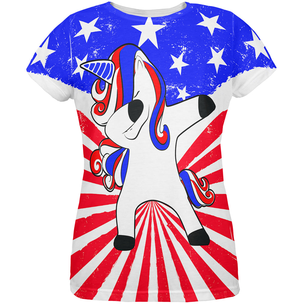 4th of July Dabbing Unicorn Americorn All Over Womens T Shirt Women's T-Shirts 4th of July LG Multicolor