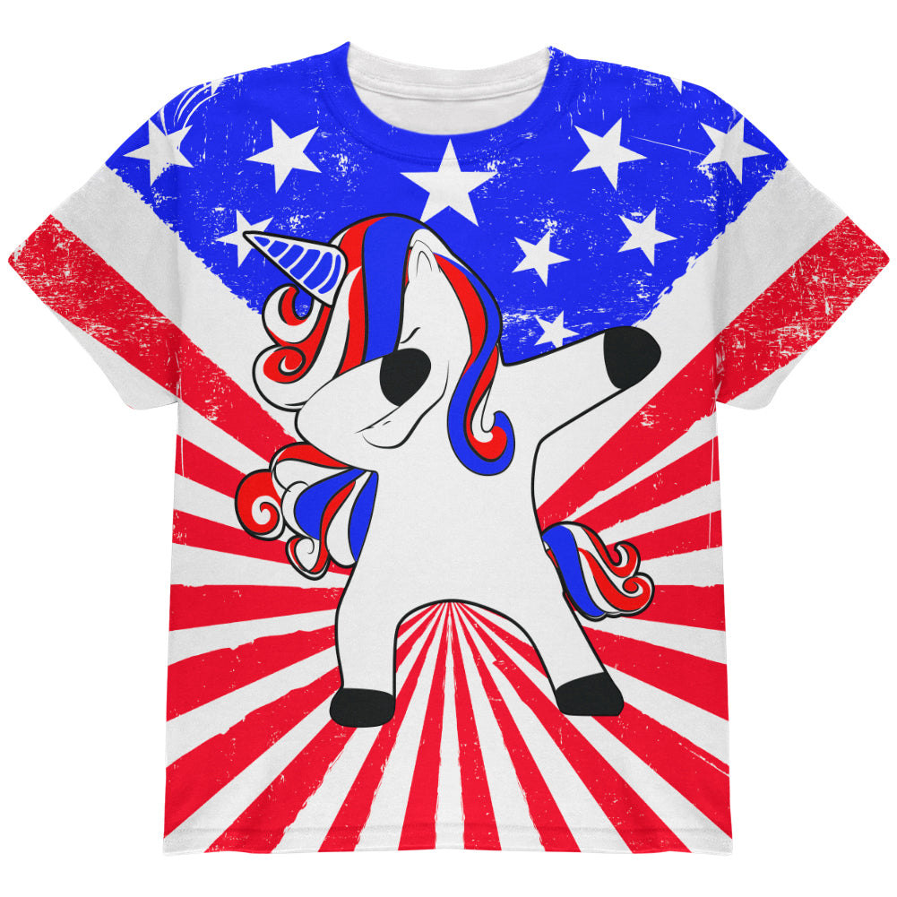 4th of July Dabbing Unicorn Americorn All Over Youth T Shirt Youth T-Shirts 4th of July YLG Multicolor