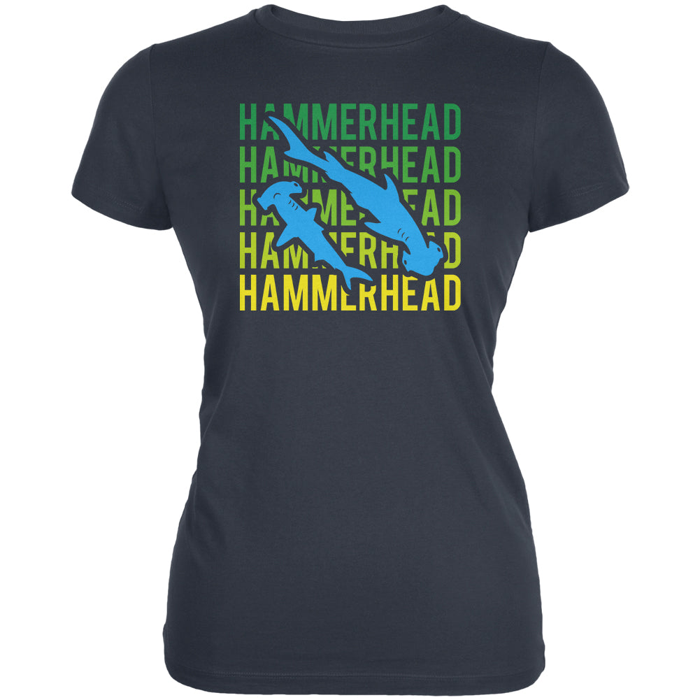 Hammerhead Shark Stacked Repeat Juniors Soft T Shirt Juniors T-Shirts Old Glory LG Indigo