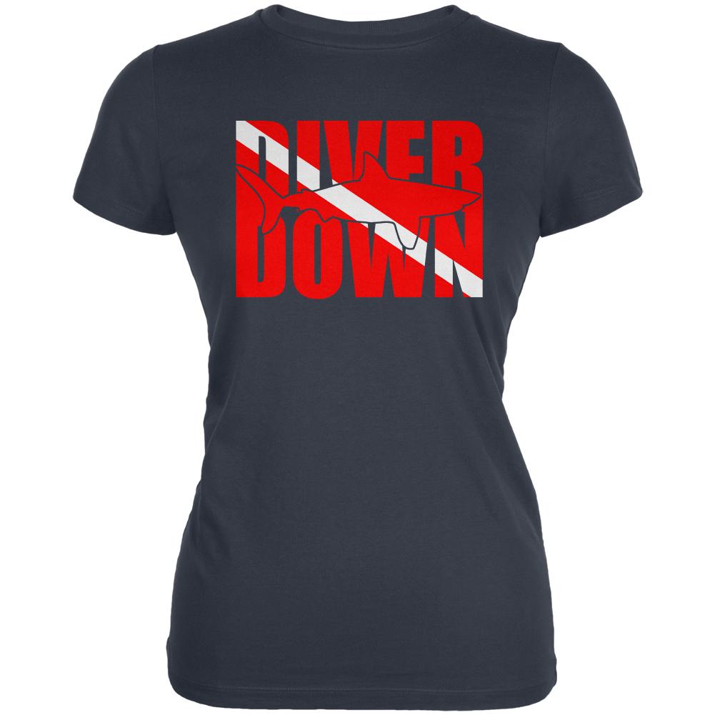 Diver Down Megalodon Shark Juniors Soft T Shirt Juniors T-Shirts Old Glory LG Indigo Blue