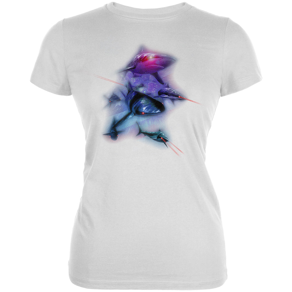 4th of July Patriotic American Galaxy Laser Sharks Juniors Soft T Shirt Juniors T-Shirts 4th of July 2XL White