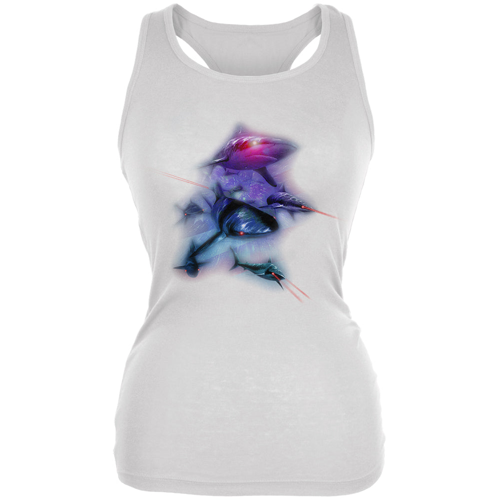 4th of July Patriotic American Galaxy Laser Sharks Juniors Soft Tank Top Juniors Tank Tops 4th of July 2XL White