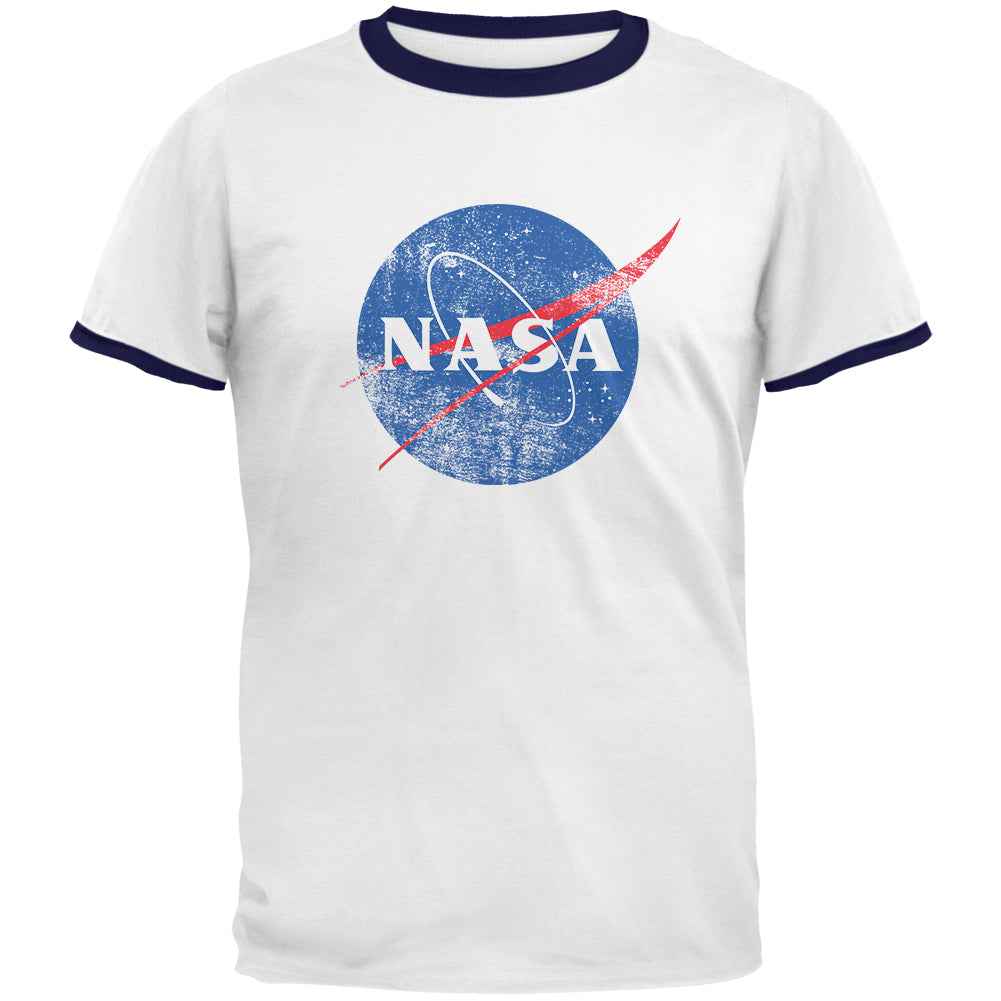 NASA Distressed Logo Mens Ringer T Shirt Men's T-Shirts Old Glory 2XL White-Navy