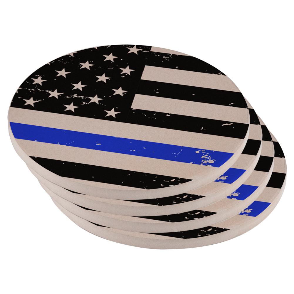 Distressed Thin Blue Line American Flag Set of 4 Round Sandstone Coasters Coasters Old Glory OS Multi