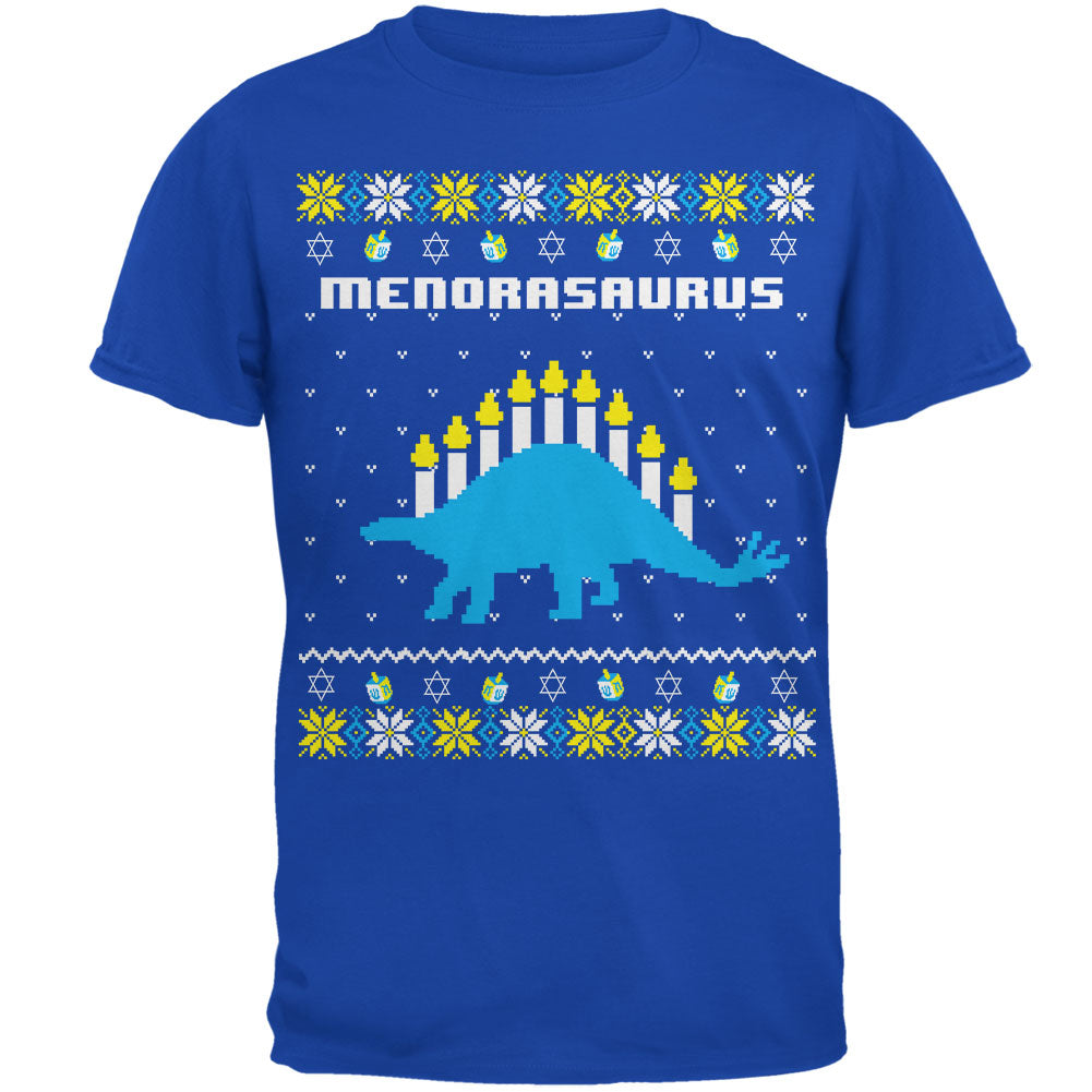 Hanukkah Ugly Sweater Menorasaurus Menorah Stegasaurus Mens Soft T Shirt Men's T-Shirts Old Glory 3XL Blue