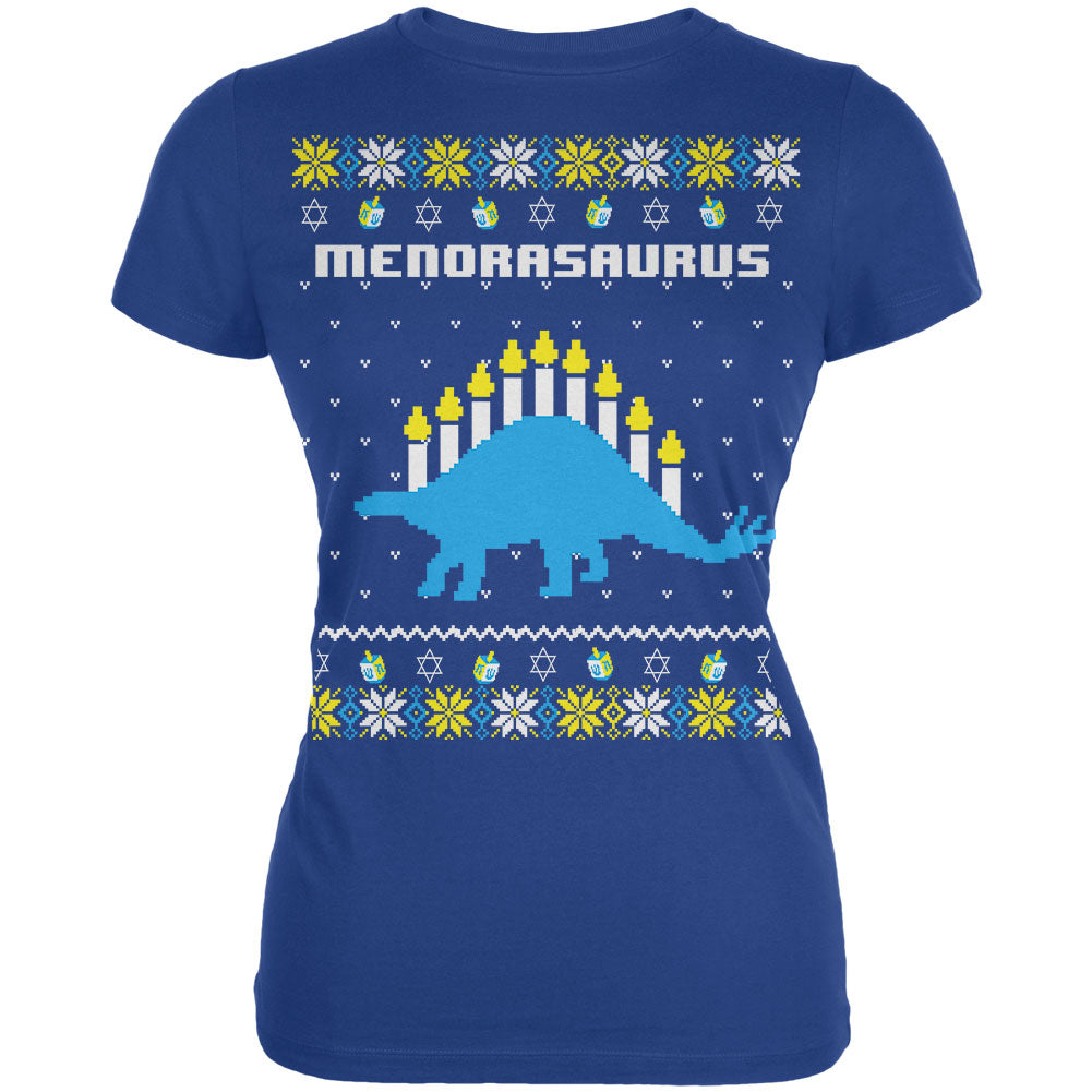 Hanukkah Ugly Sweater Menorasaurus Menorah Stegasaurus Juniors Soft T Shirt Juniors T-Shirts Old Glory 2XL Blue