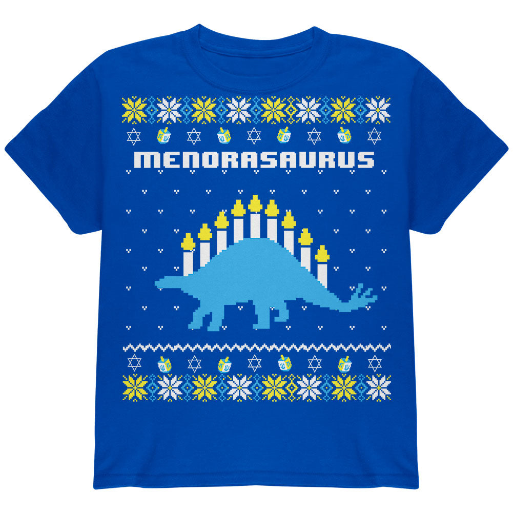 Hanukkah Ugly Sweater Menorasaurus Menorah Stegasaurus Youth T Shirt Youth T-Shirts Old Glory YLG Blue