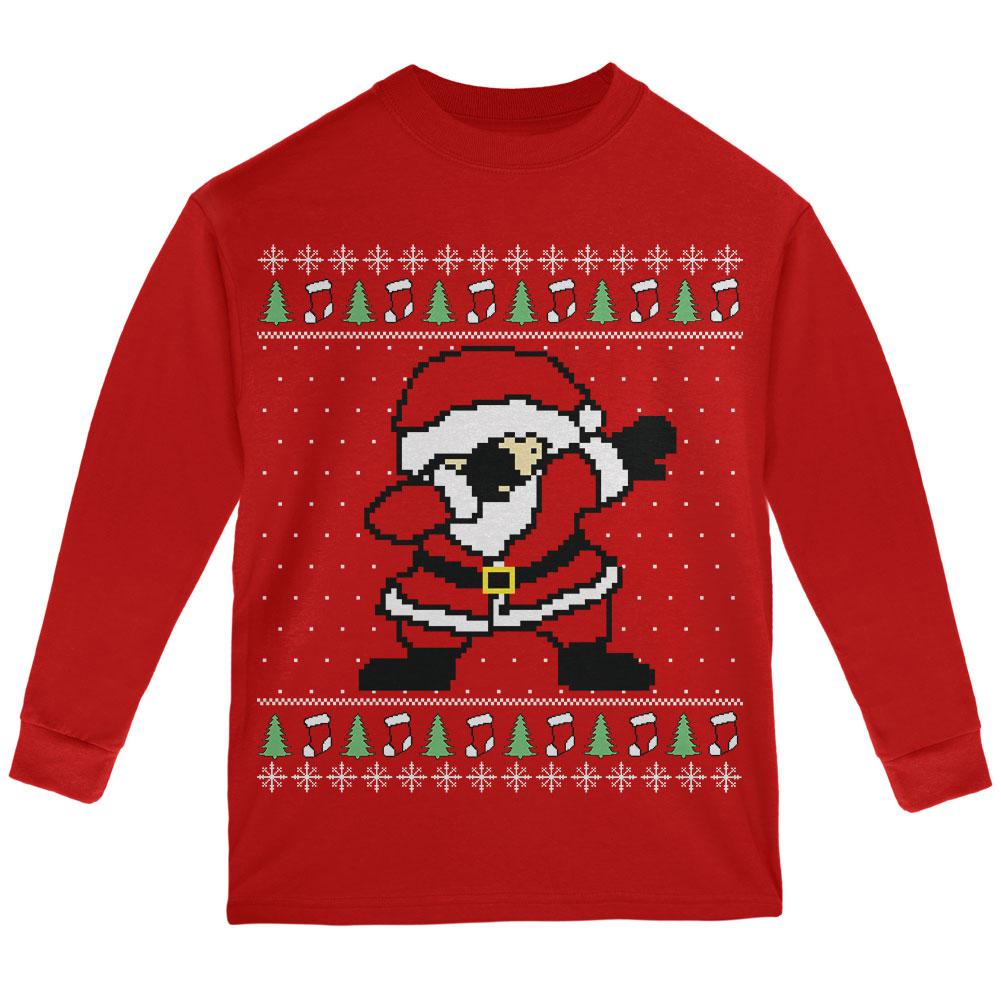 Ugly Christmas Sweater Dabbing Santa Claus Youth Long Sleeve T Shirt Youth Long Sleeves Old Glory SM Red