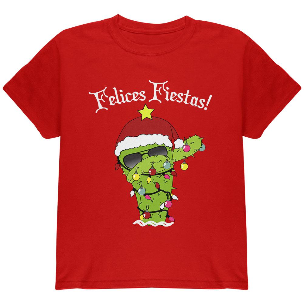 Christmas Dabbing Cactus Felices Fiestas Happy Holidays Youth T Shirt Youth T-Shirts Old Glory LG Red