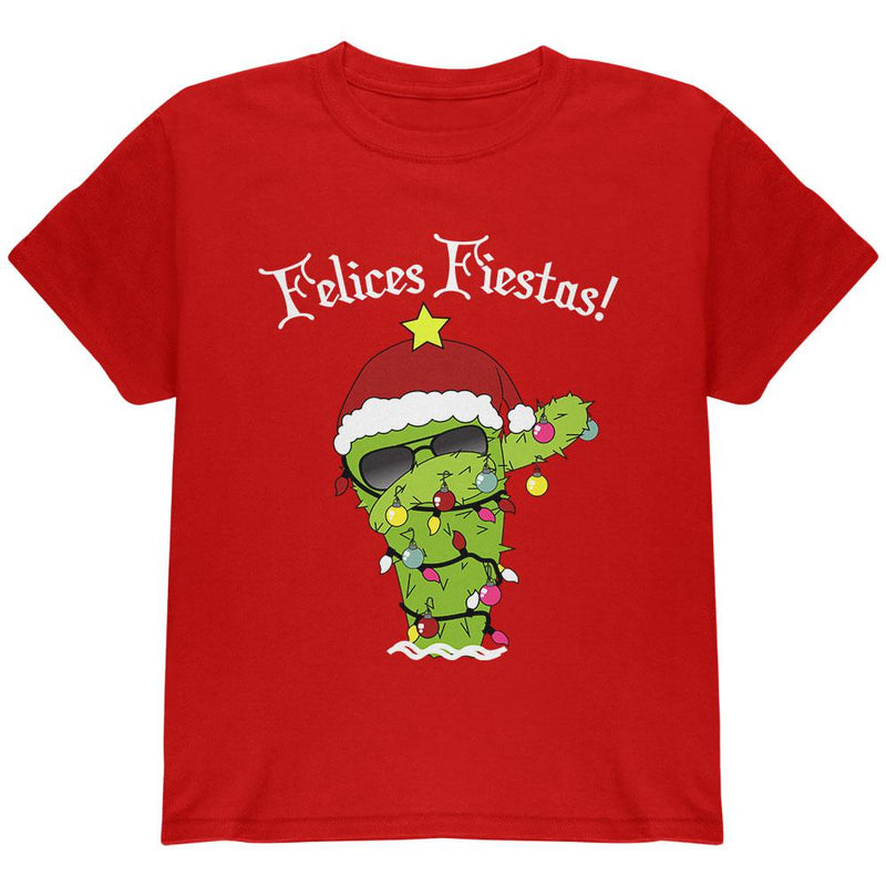 Christmas Dabbing Cactus Felices Fiestas Happy Holidays Youth T Shirt Youth T-Shirts Old Glory LG Red