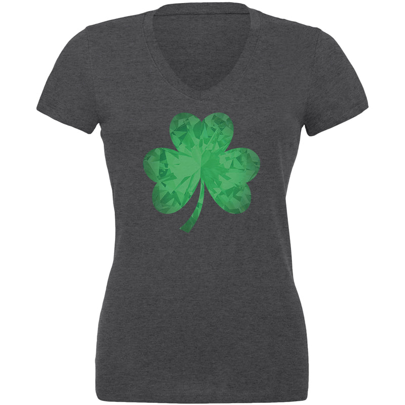 St. Patricks Day Jeweled Shamrock Juniors V-Neck T Shirt Juniors T-Shirts Old Glory 2XL Dark Heather