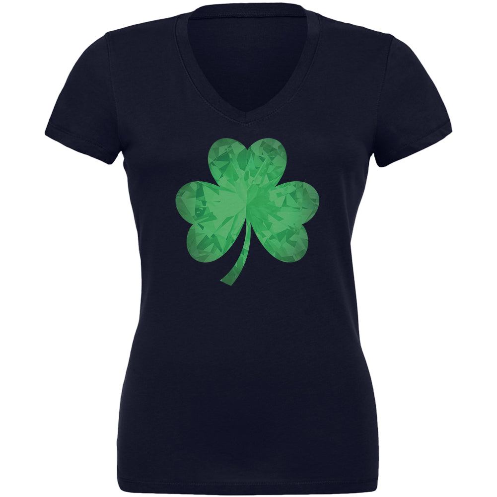 St. Patricks Day Jeweled Shamrock Juniors V-Neck T Shirt Juniors T-Shirts Old Glory 2XL Navy