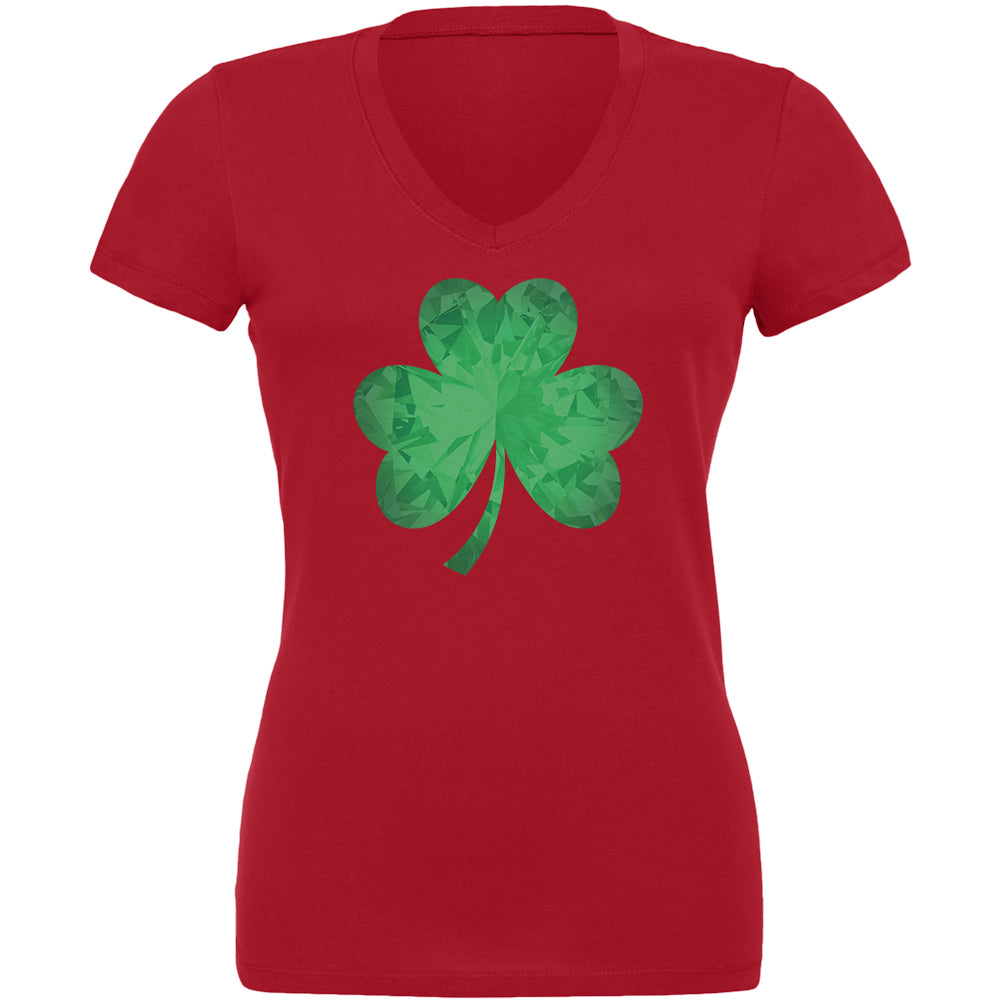 St. Patricks Day Jeweled Shamrock Juniors V-Neck T Shirt Juniors T-Shirts Old Glory 2XL Red