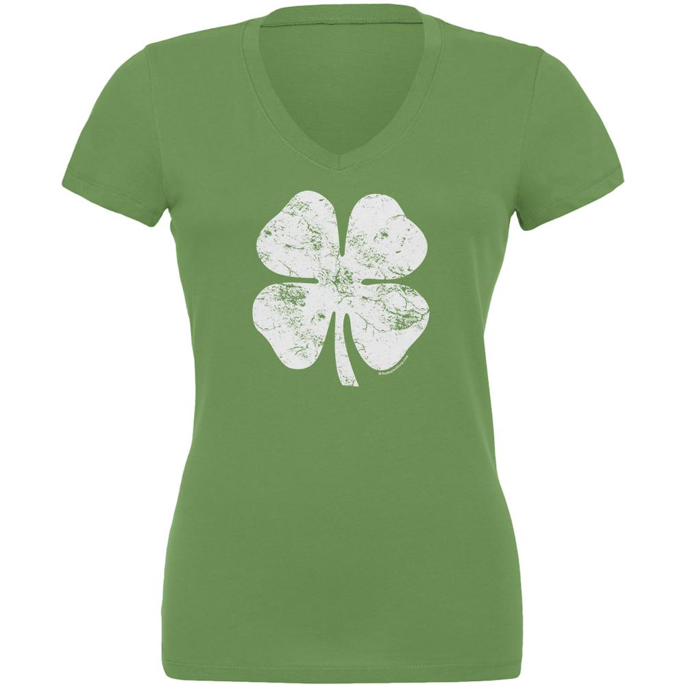 St. Patricks Day Distressed Shamrock Juniors V-Neck T Shirt Juniors V-Neck T-Shirts Old Glory 2XL Green