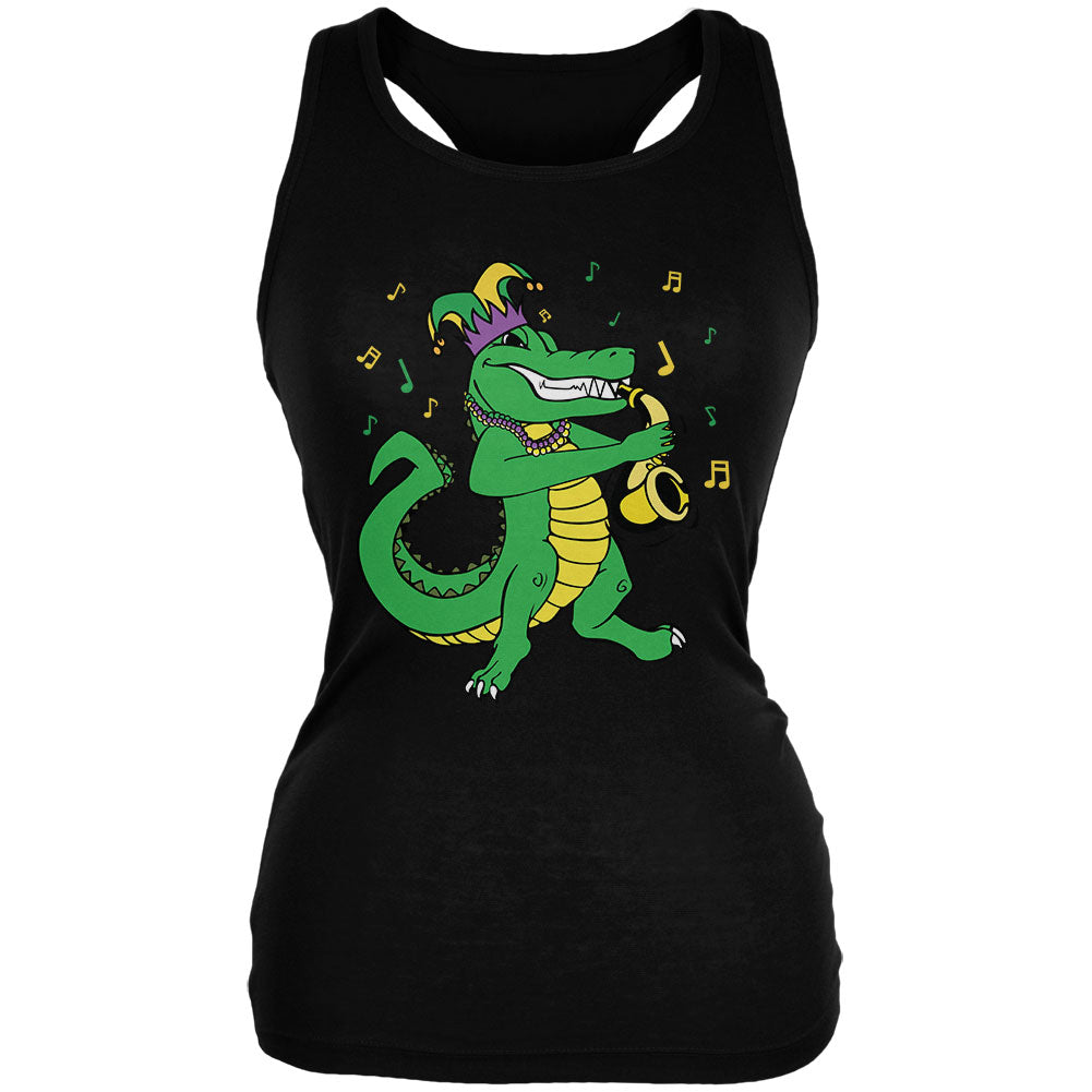 Mardi Gras Alligator Playing Saxaphone Jester Jazz Juniors Soft Tank Top Junior's Tank Tops global 2XL Black