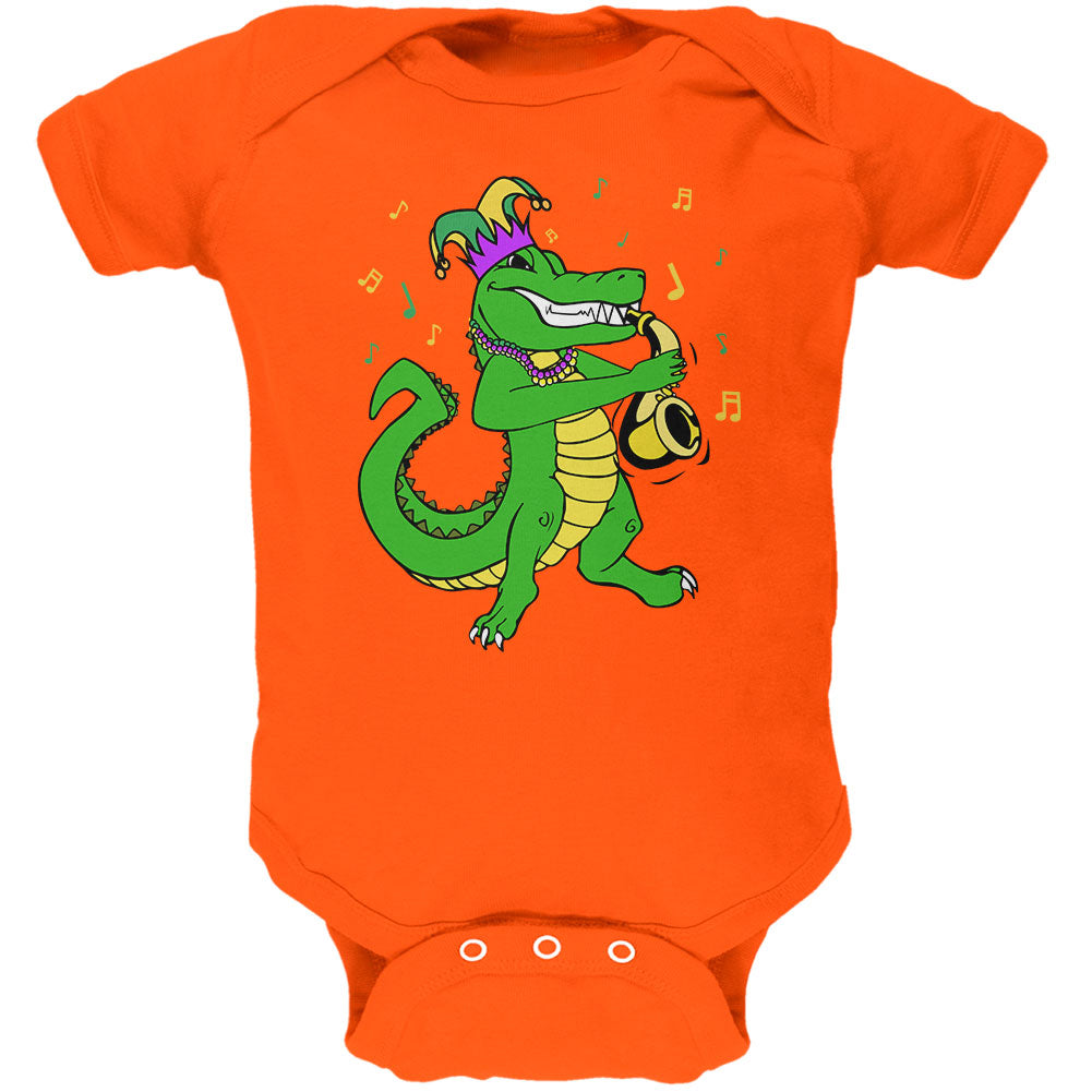 Mardi Gras Alligator Playing Saxaphone Jester Jazz Soft Baby One Piece Baby One Piece global 0-3M Orange
