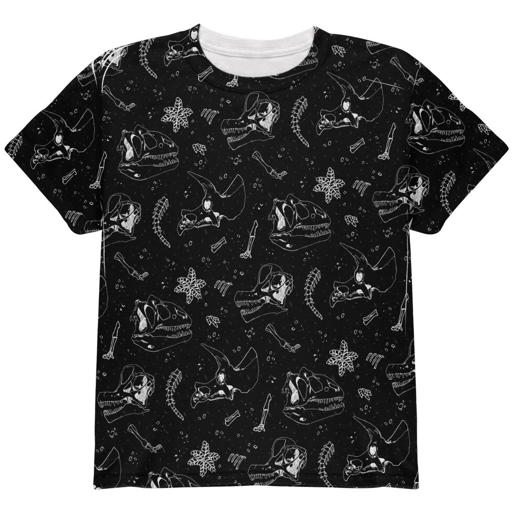 Dinosaur Dino Bones Fossil Pattern All Over Youth T Shirt Youth T-Shirts Old Glory YLG Black
