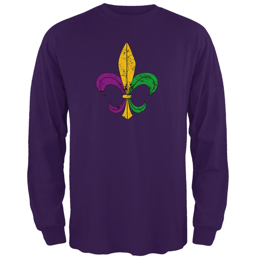 Mardi Gras Fleur De Lis Distressed Mens Long Sleeve T Shirt Men's Long Sleeves Old Glory 2XL Purple