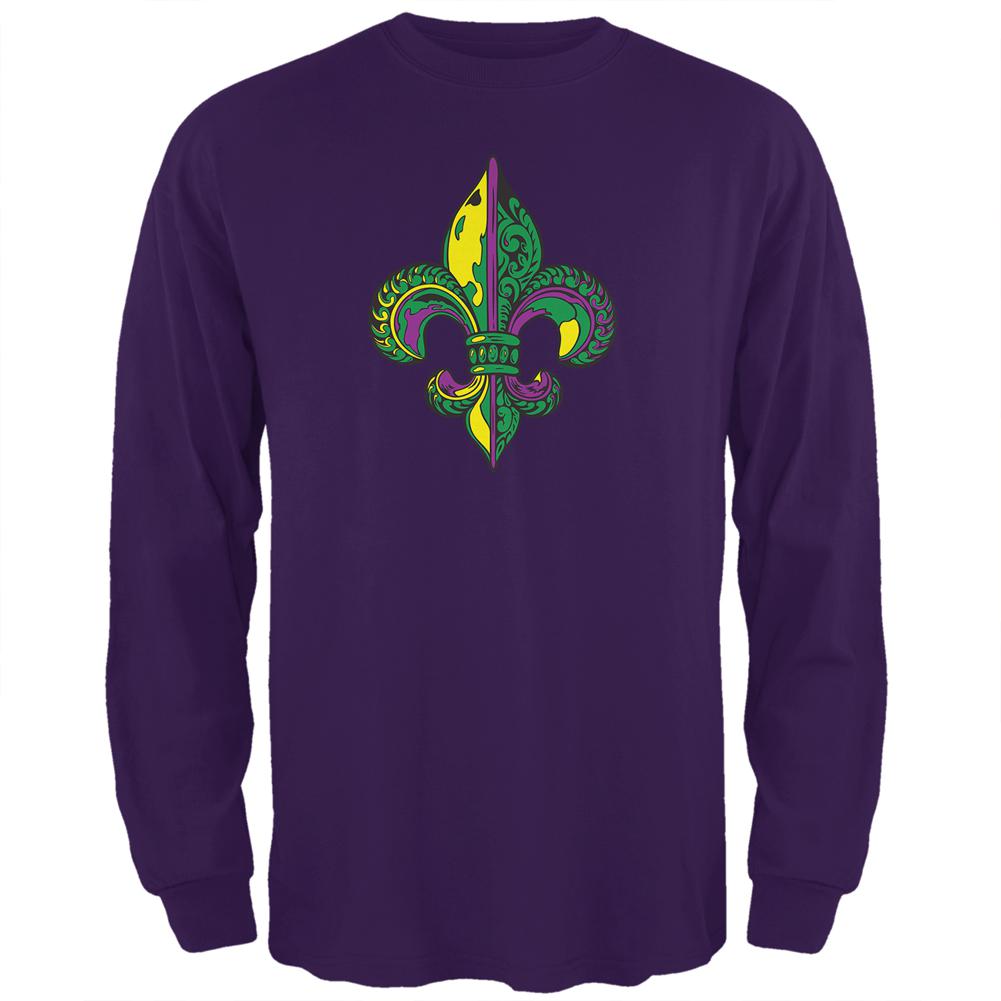 Mardi Gras Ornate Colorful Fleur-de-Lis Mens Long Sleeve T Shirt Men's Long Sleeves Old Glory 2XL Purple