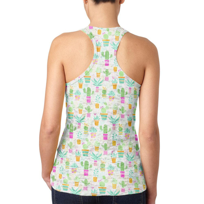 Watercolor Retro Cactus Bold Pastel Pattern Repeat Juniors Burnout Racerback Tank Top Juniors Tank Tops Old Glory