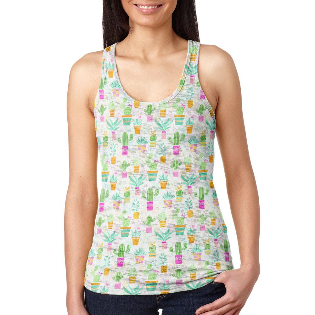 Watercolor Retro Cactus Bold Pastel Pattern Repeat Juniors Burnout Racerback Tank Top Juniors Tank Tops Old Glory 2XL White