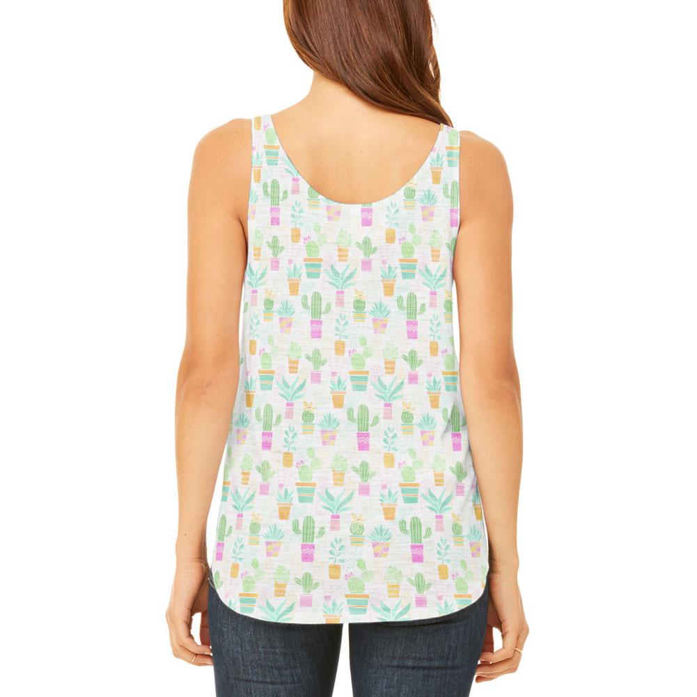 Watercolor Retro Cactus Bold Pastel Pattern Repeat Juniors Flowy Side Slit Tank Top Juniors Tank Tops Old Glory