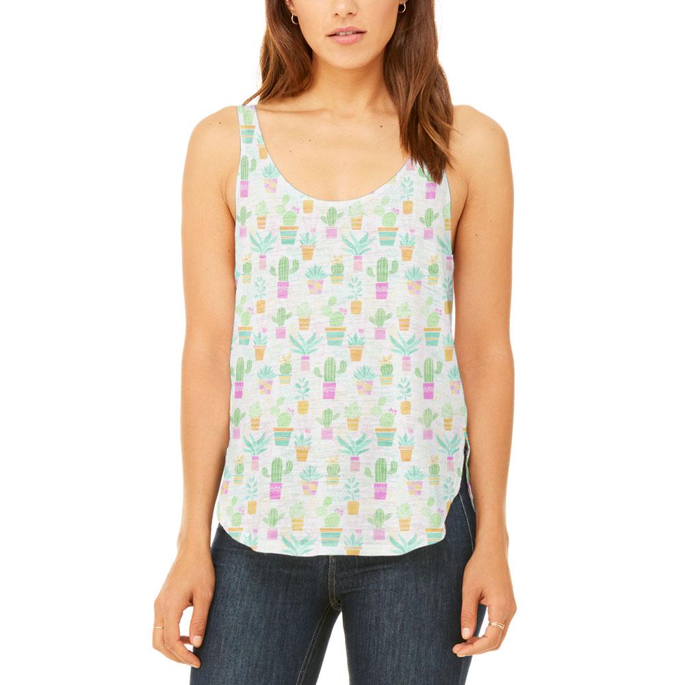 Watercolor Retro Cactus Bold Pastel Pattern Repeat Juniors Flowy Side Slit Tank Top Juniors Tank Tops Old Glory 2XL White