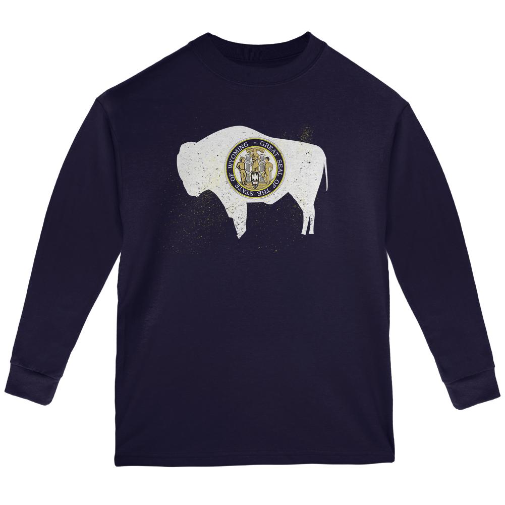Born and Raised Wyoming State Flag Youth Long Sleeve T Shirt Youth Long Sleeves Old Glory LG Navy