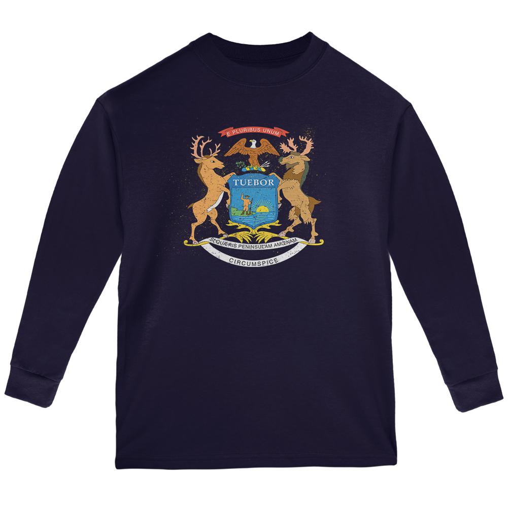 Born and Raised Michigan State Flag Youth Long Sleeve T Shirt Youth Long Sleeves Old Glory LG Navy