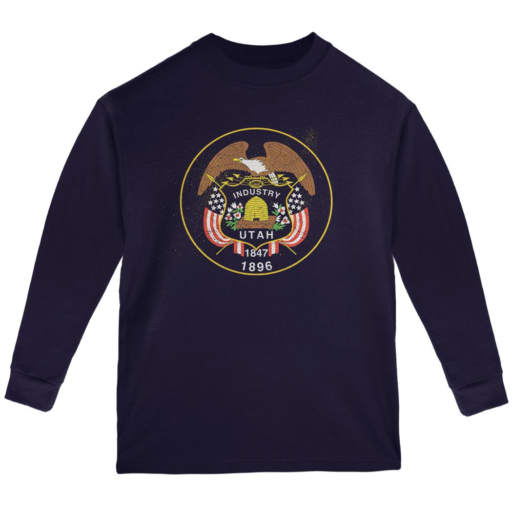 Born and Raised Utah State Flag Youth Long Sleeve T Shirt Youth Long Sleeves Old Glory LG Navy