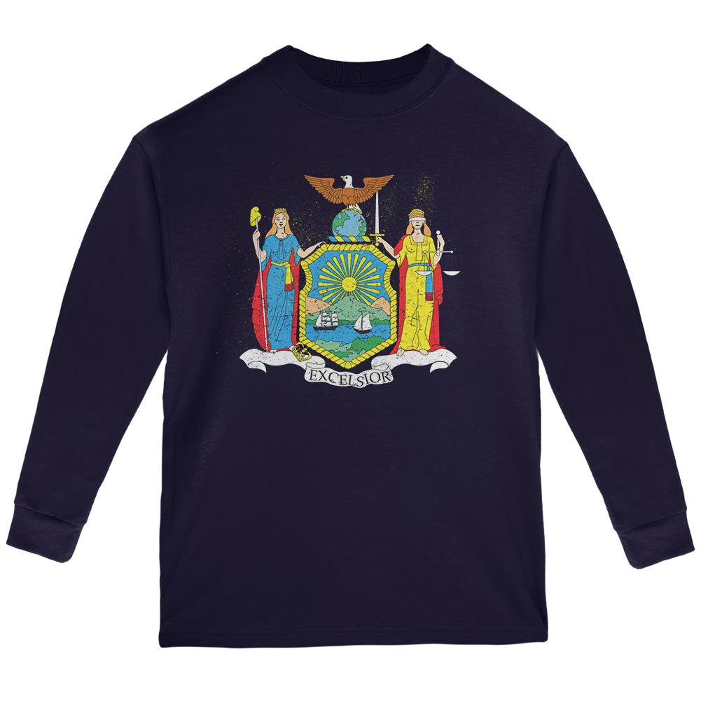 Born and Raised New York State Flag Youth Long Sleeve T Shirt Youth Long Sleeves Old Glory LG Navy