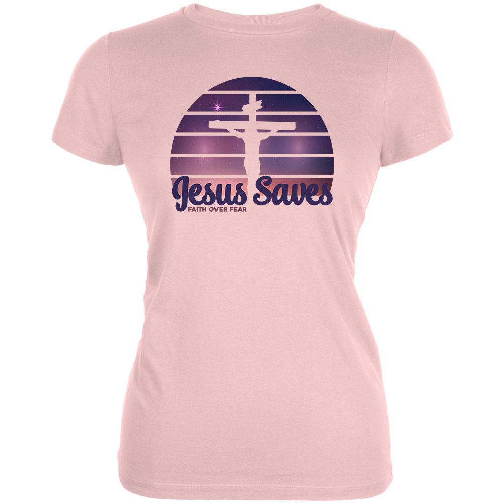 Jesus Saves Faith Over Fear Sun Crucifix Juniors Soft T Shirt Juniors T-Shirts Old Glory 2XL Pink