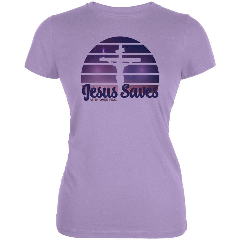 Jesus Saves Faith Over Fear Sun Crucifix Juniors Soft T Shirt Juniors T-Shirts Old Glory LG Blue