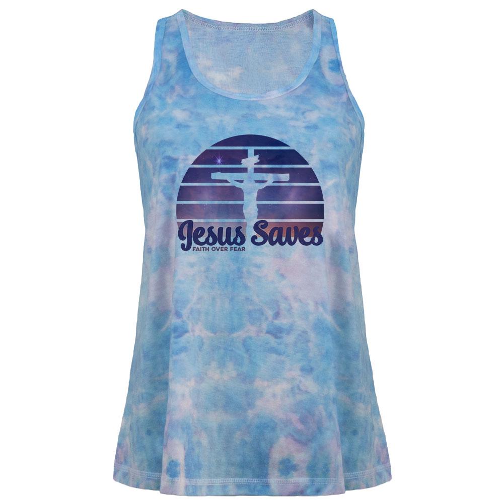 Jesus Saves Faith Over Fear Sun Crucifix Juniors Tie Dye Tank Top Juniors Tank Tops Old Glory LG Multi
