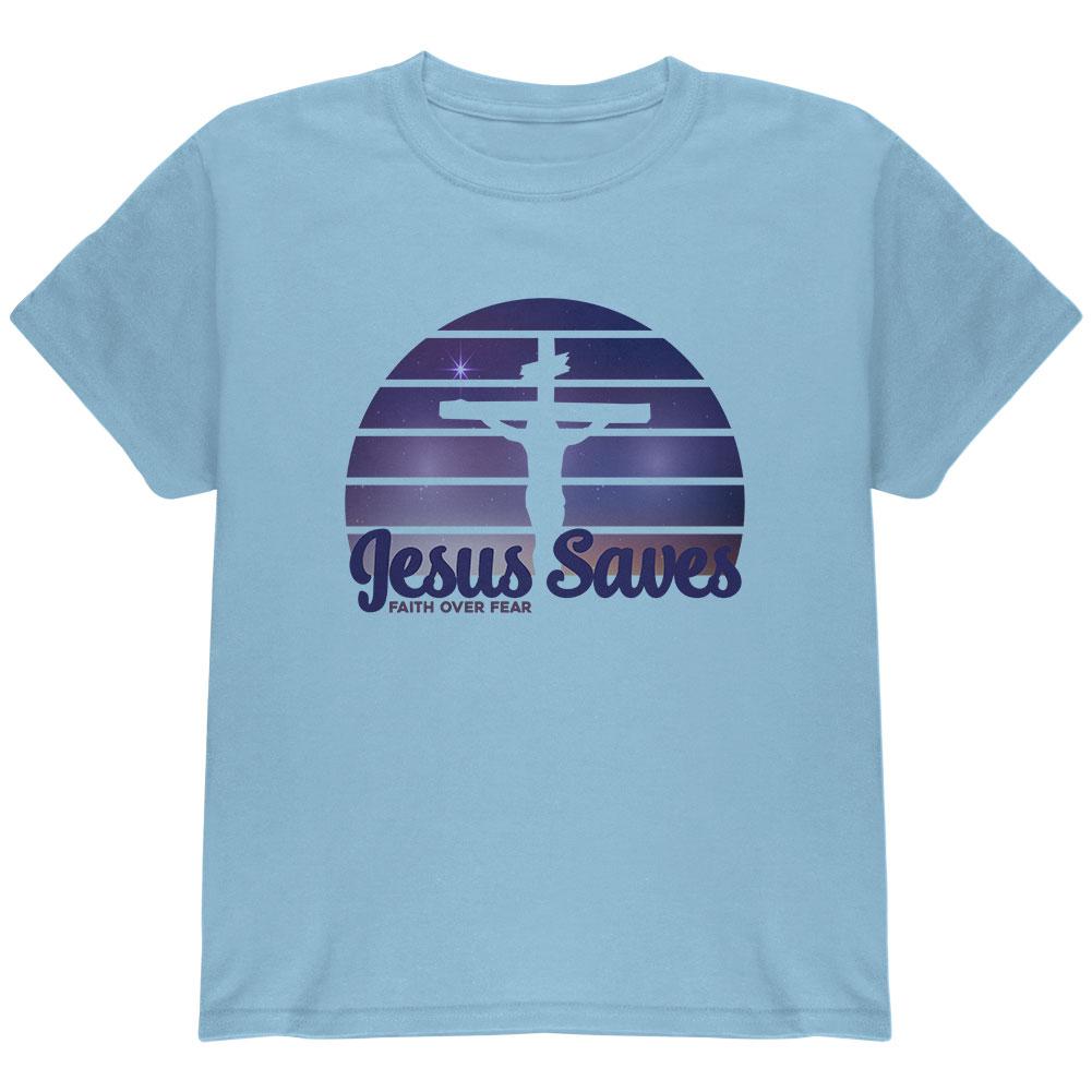 Jesus Saves Faith Over Fear Sun Crucifix Youth T Shirt Youth T-Shirts Old Glory LG Blue
