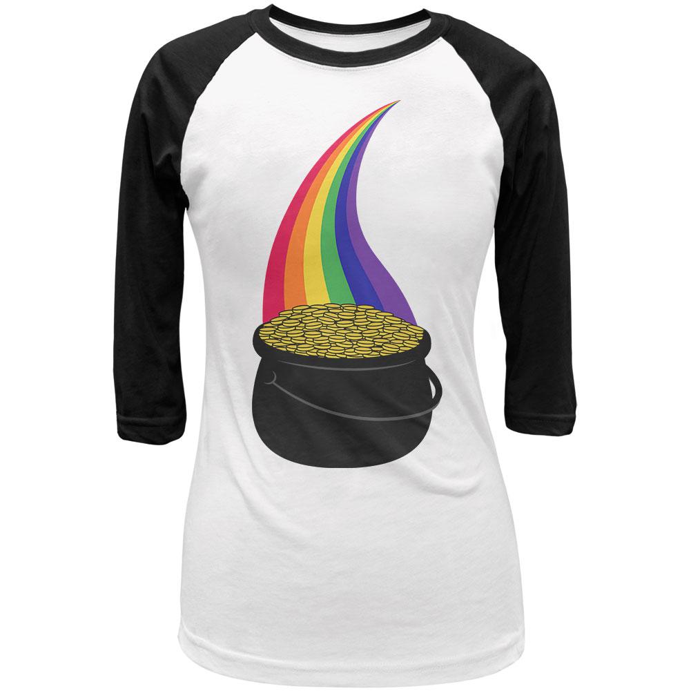 Halloween Pot of Gold Rainbow Costume Juniors 3/4 Sleeve Raglan T Shirt Juniors Long Sleeves Old Glory LG White