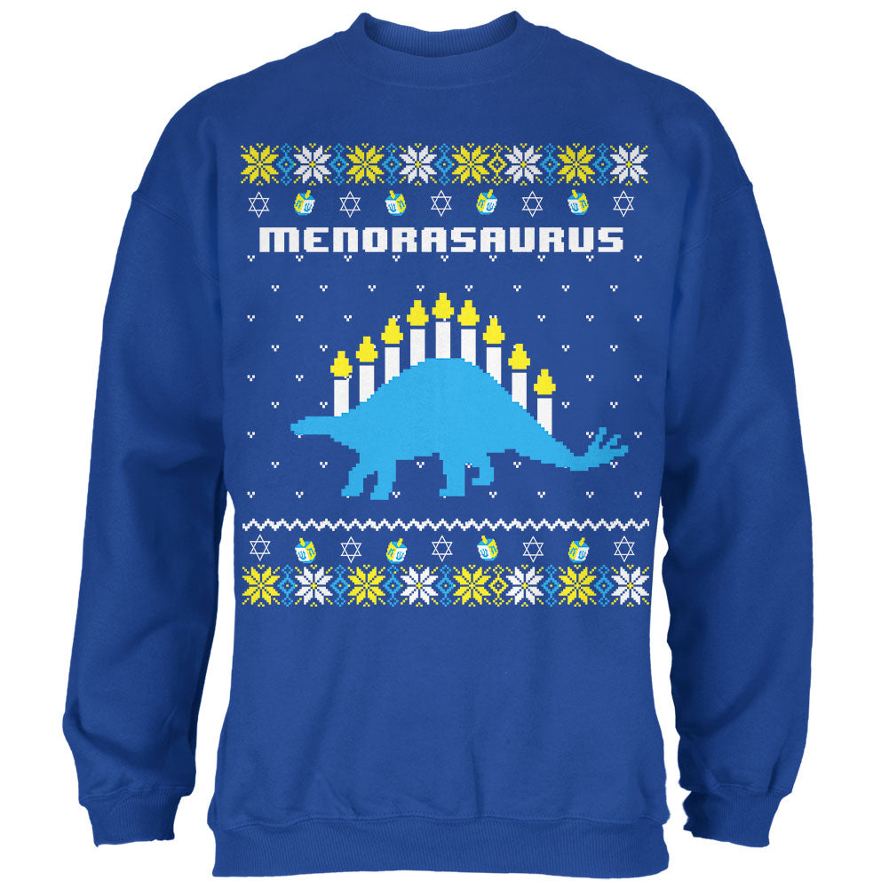 Hanukkah Ugly Sweater Menorasaurus Menorah Stegasaurus Mens Sweatshirt Men's Sweatshirts Old Glory 2XL Blue