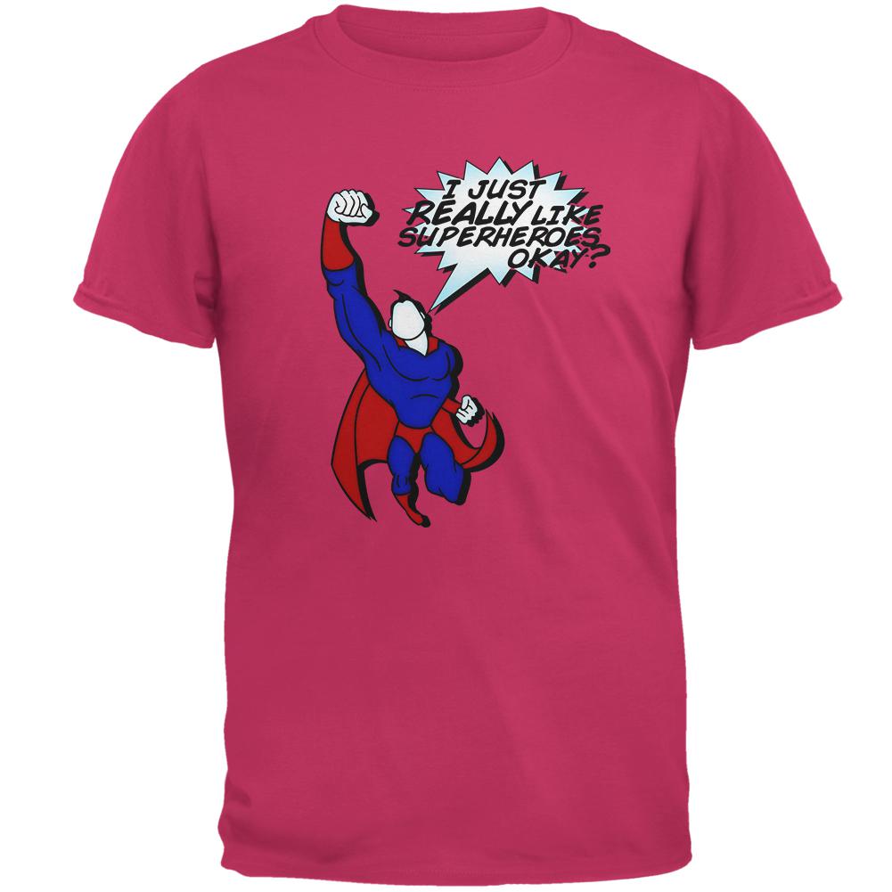 I Just Really Like Superheroes Okay? Mens T Shirt Men's T-Shirts Old Glory SM Pink