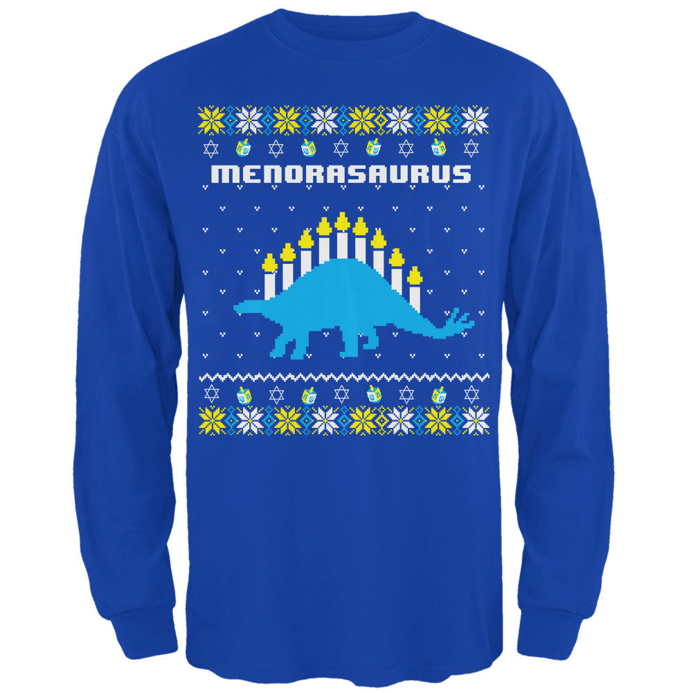 Hanukkah Ugly Sweater Menorasaurus Menorah Stegasaurus Mens Long Sleeve T Shirt Men's Long Sleeves Old Glory 2XL Blue